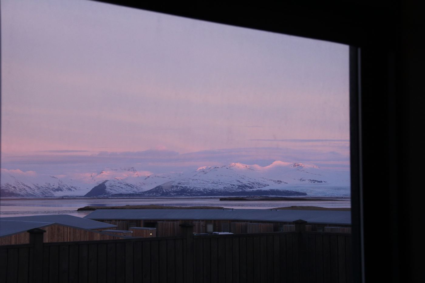 Fjord at dawn through window, Iceland
